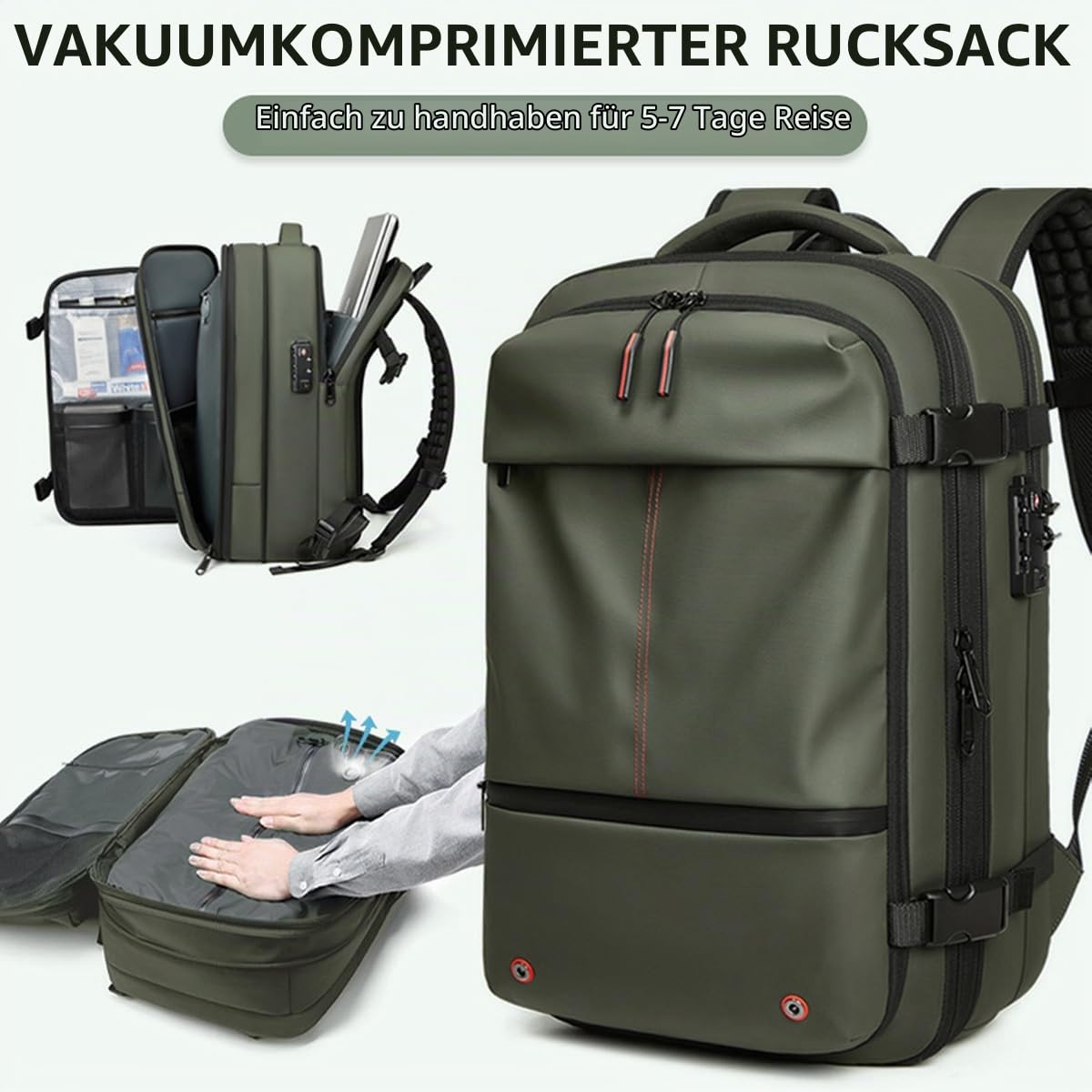 Vakuum-Rucksack, 19 Zoll Erweiterbarer Vakuum-Kompressionsbeutel mit Vakuumpumpe, Wasserdichter Vacpack-Rucksack, Platzsparende Taschen für Reisen und Camping (GREEN)