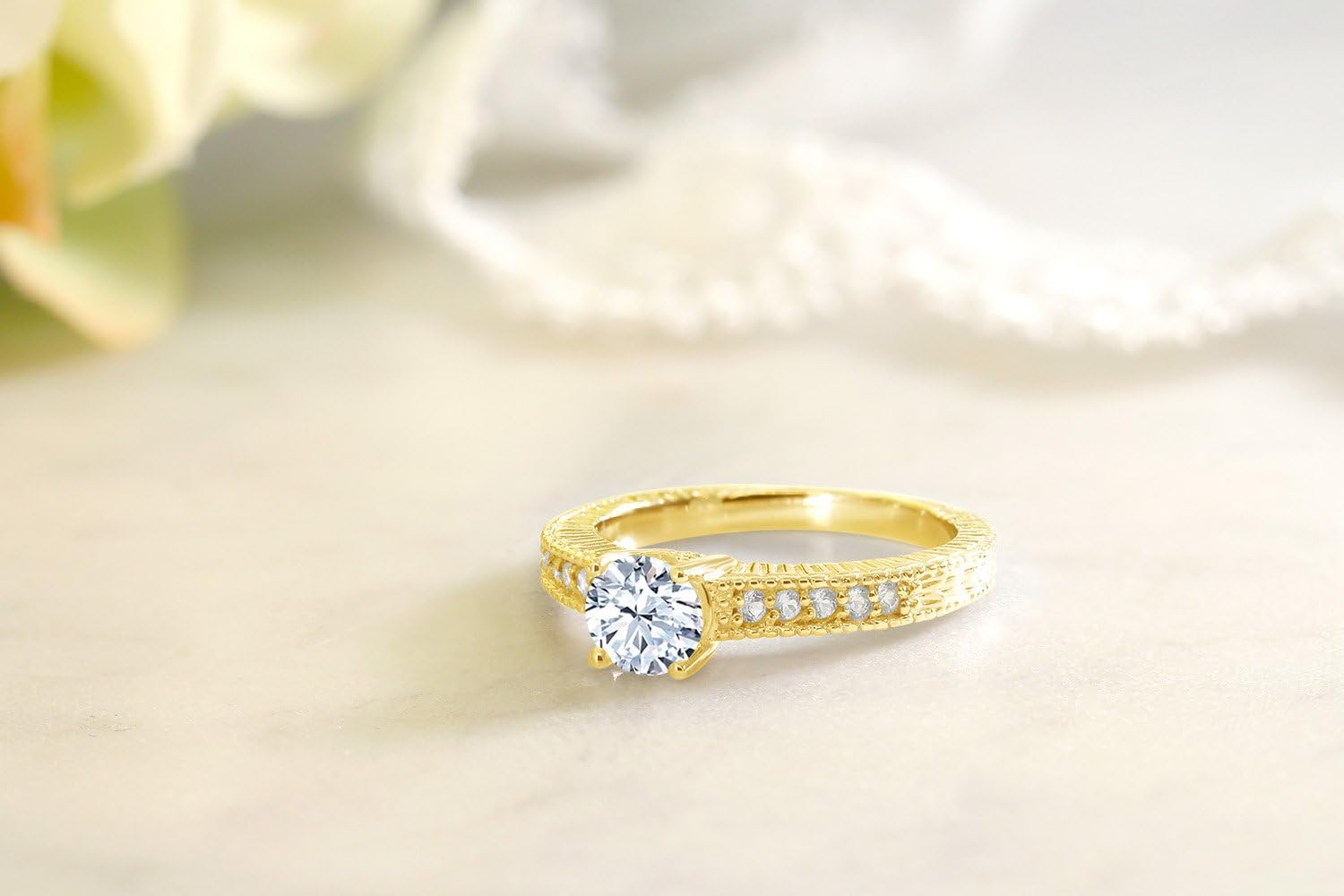 Gem Stone King 18K Yellow Gold Plated Silver White Created Sapphire Women Engagement Ring (1.35 Cttw)