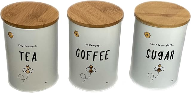 Tea Coffee Sugar Canisters | Set Of Three | Bee Tea Coffee and Sugar Canister Set | Airtight Bamboo Lids | Tea Caddy Set | Bumble Bee Kitchen Accessories