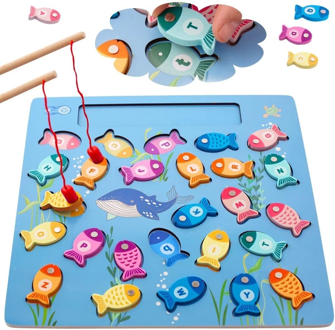 Magnetic Fishing Game for Toddlers, Wooden Alphabet Puzzle Maze Board, Preschool ABC Uppercase Lowercase Letter Matching Game, Montessori Educational Fine Motor Skill Toy for Boy Girl Kids