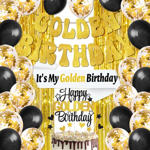 Golden Birthday Party Decorations Set with It's My Golden Birthday Sash, Gold Cake Topper, Banner, Balloons, Gold Fringe Curtain Backdrop for Women Men Party Supplies