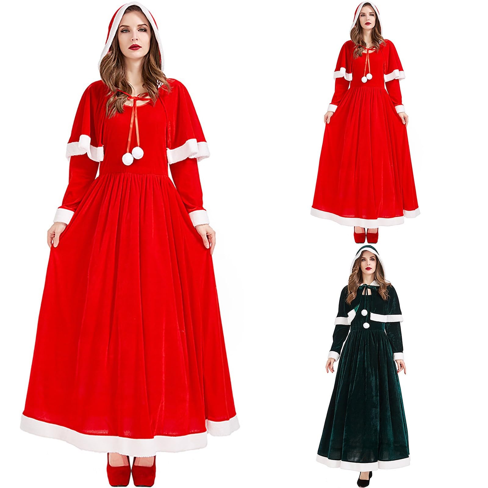 Generisch Vestito di Natale da donna, costume di Natale, divertente, vestito da donna, elegante, oversize, Babbo Natale, babydoll con mantello, per feste di Natale, per cosplay