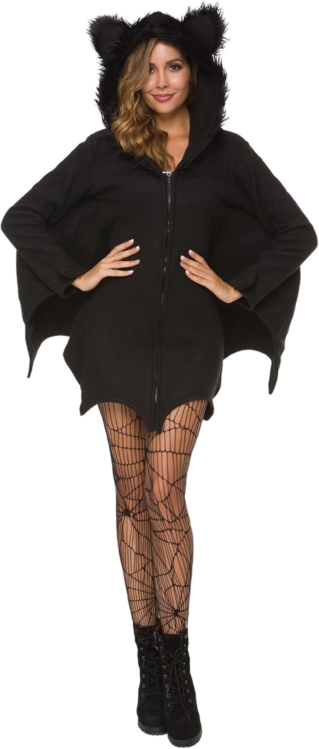 Bat Costume for Adult Women - Halloween Cozy Cute Dress With Black Animal Vampire Wings Hoodie Cosplay - Image 2