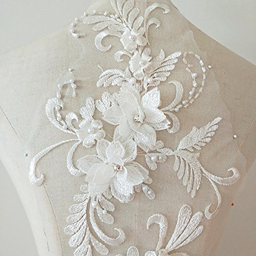 3D Applique Sew On Patches Bead3D Flowers Sequin Lace Applique Motif Sewing Bridal Veil Wedding Dress 3In1 20Cmx72Cm (White) #TOP2