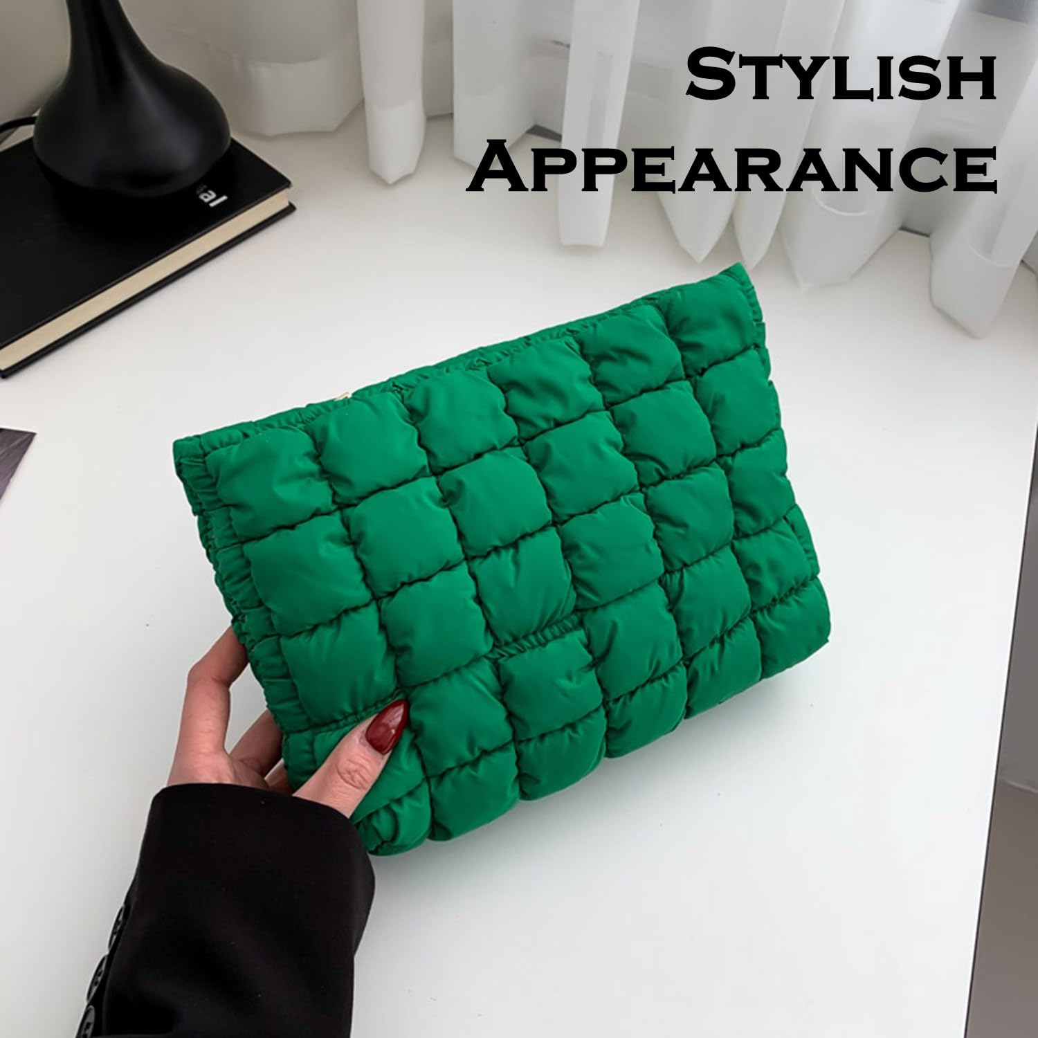 HFLZBRO Puffy Quilted Makeup Bag, Cosmetic Bag, Travel Toiletry Organizer Pouch, Clutch for Women (Green) - Image 2