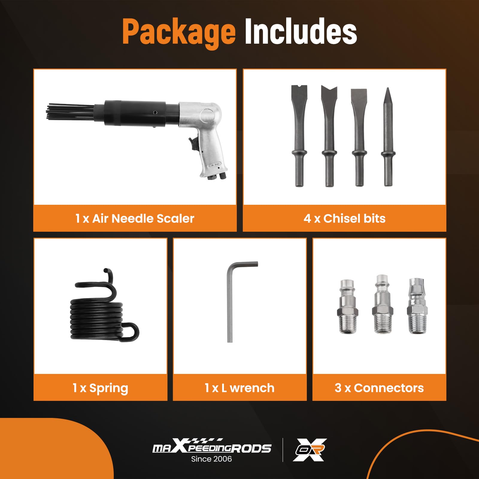 maXpeedingrods Escalador de aguja de aire con kit de cincel de martillo, pistola neumática de aguja de 4500 BPM para trabajos en metal, óxido, soldadura y removedor de pintura, raspador de metal,