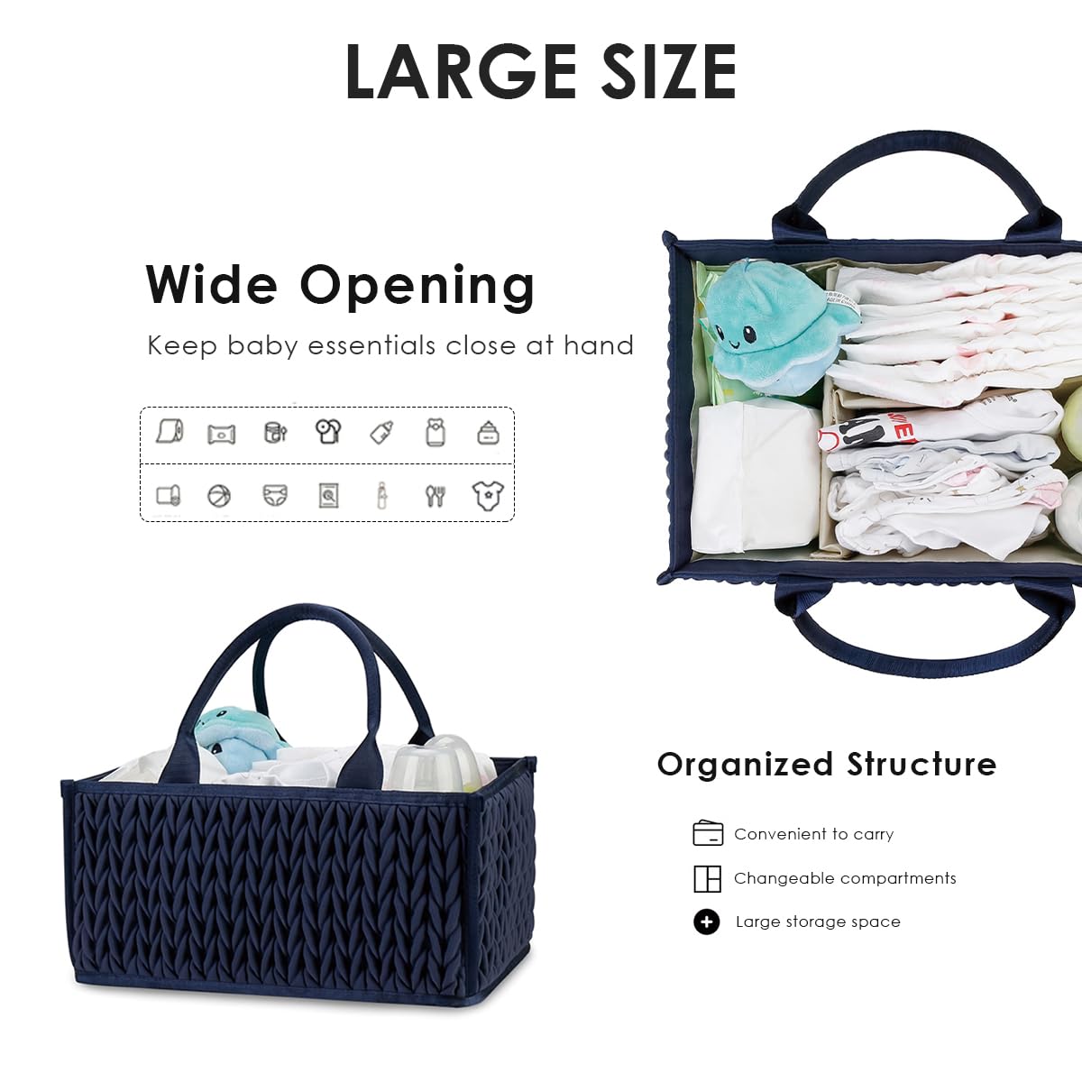SONARIN Baby Nappy Caddy,Large Portable Baby Diaper Caddy Organiser Baby Caddy Storage Basket Nursery Storage Bin for Diapers and Wipes with Detachable Compartments(Dark Blue) - Image 3