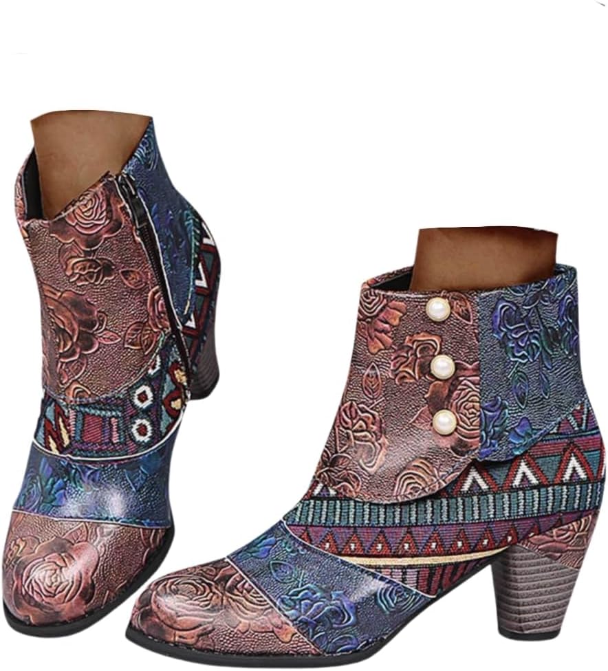 Boho Boots For Women,Ethnic Print Colorful Short Boot Ankle Women Vintage Chunky Block Heels Booties Dress Fashion Western Leather Almond Toe Fall Winter Dressy Cowboy Walking Shoes