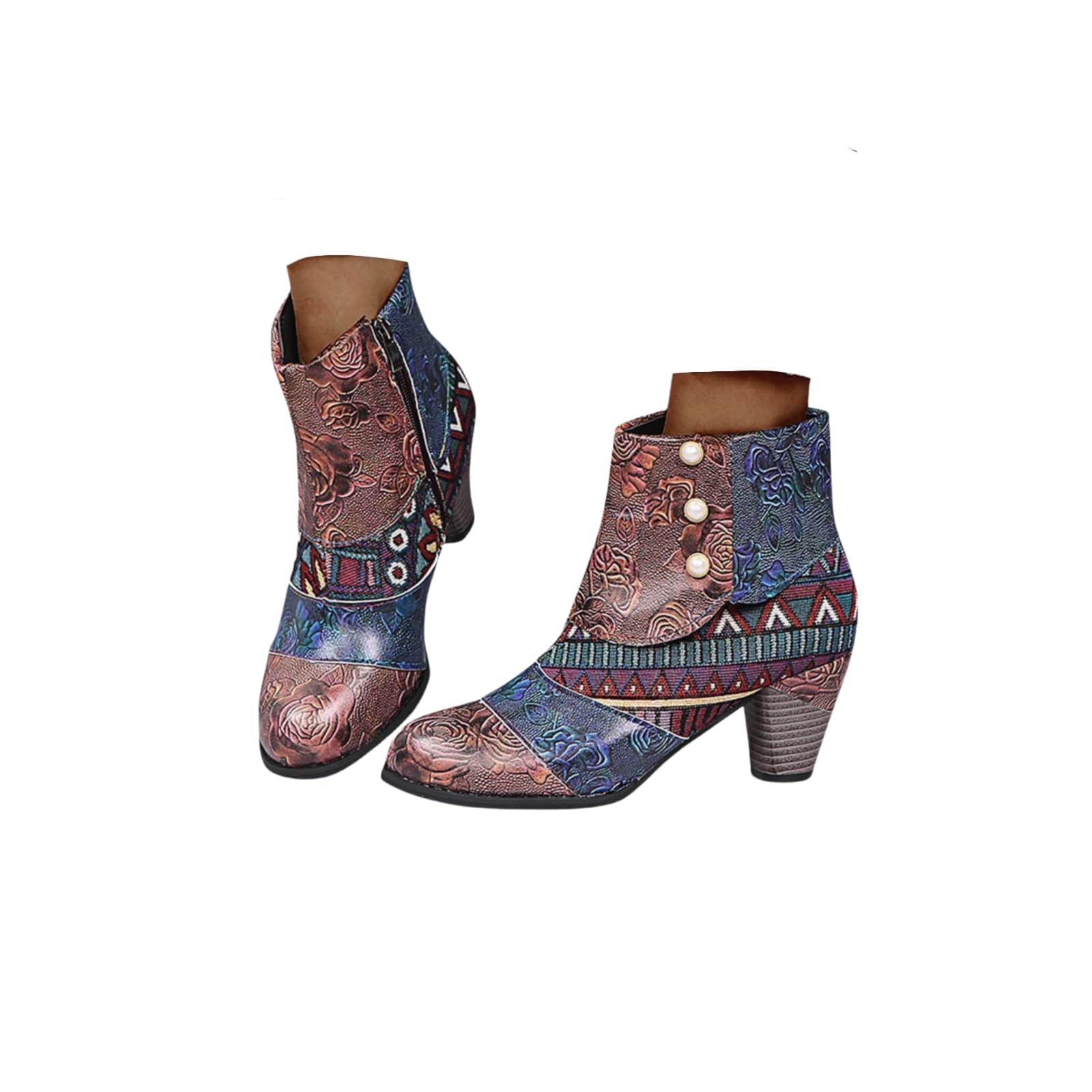 Western Ankle Boots for Women Vintage Ethnic Boho Print Colorful Boot Chunky Block Heels Dress Short Fashion Leather