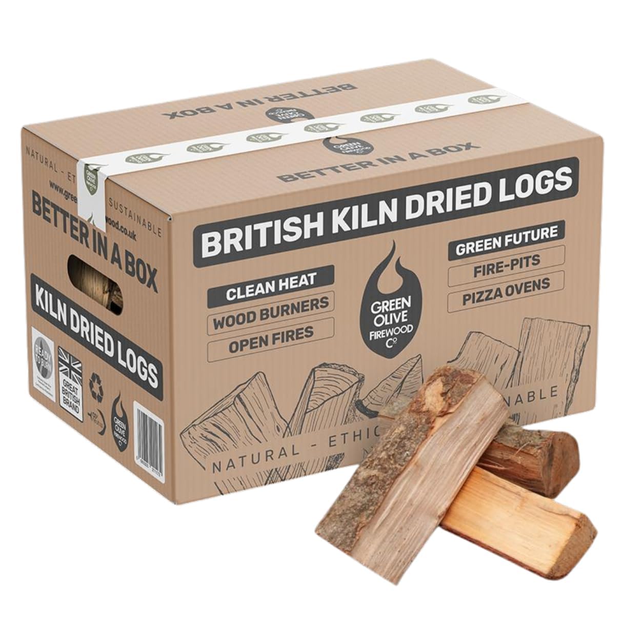 Green Olive Firewood - Kiln Dried British Logs (6kg / 27 Litre) for Wood Burners, Open Fires, Stoves and Fire Pits - Low Moisture, Ready To Burn, High Heat - Sustainably Sourced UK Firewood