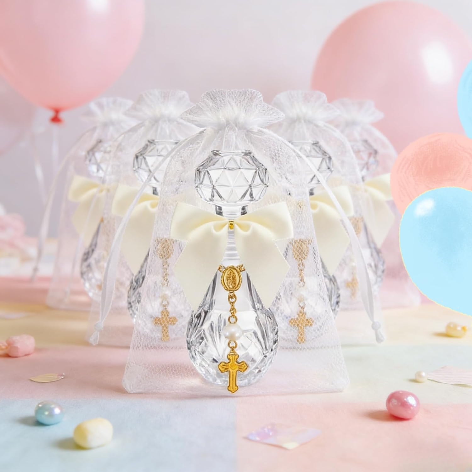 12 Set Holy Water Bottle Baptism Favors for Guests Recuerdos De Bautizo for Communion Christian Catholic Holy Bottle with Rosary Bow for Gifts Church Baptism Decor (A Color)
