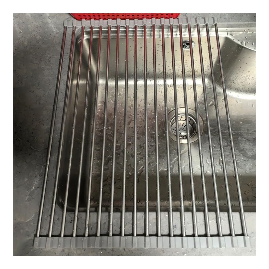Escurridor de Platos Enrollable Plegable de 14,6/18,5 Pulgadas de Largo para Fregadero de Cocina, Fabricado en Acero Inoxidable y Silicona.