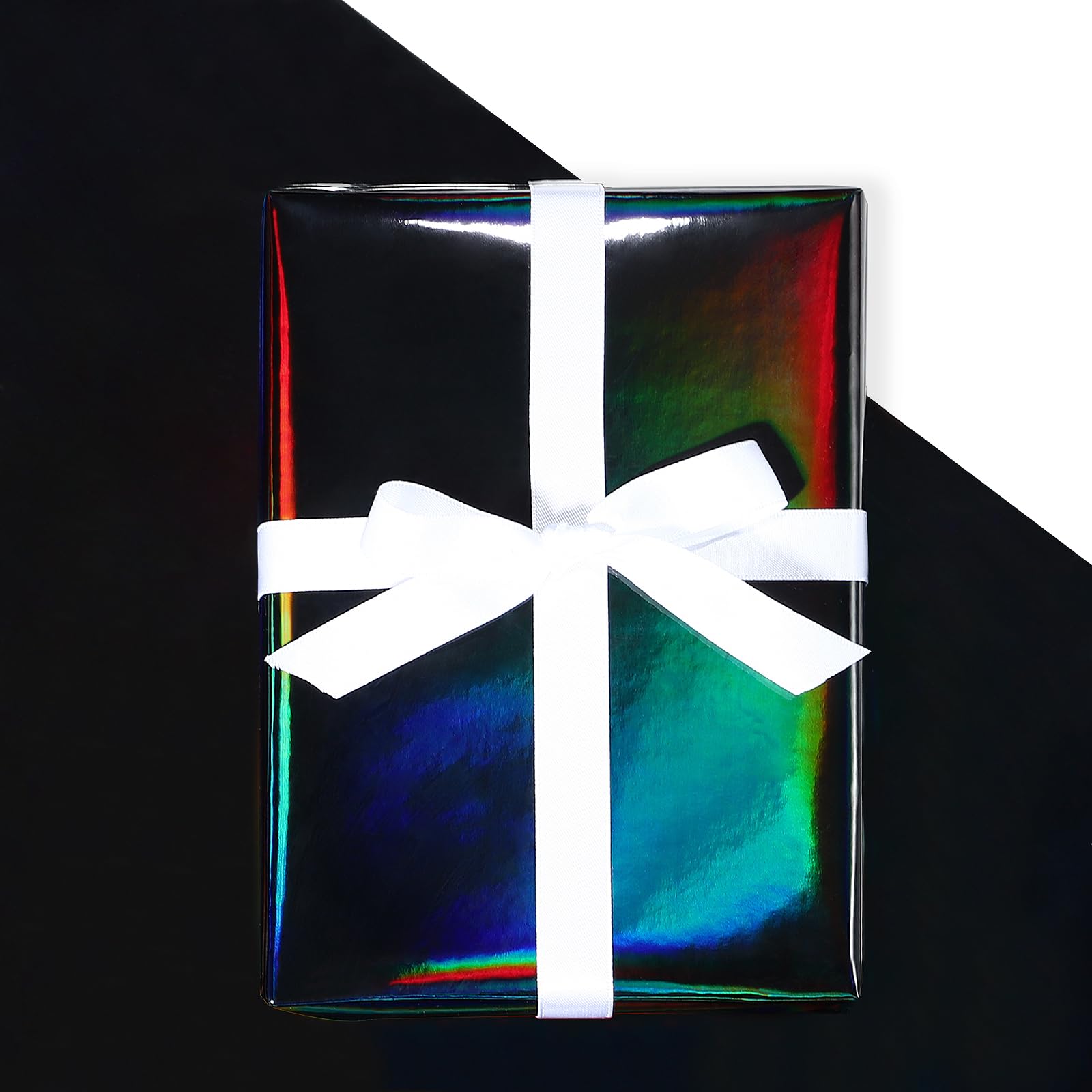 LeZakaa Grand rouleau de papier cadeau holographique irisé pour anniversaire, Saint-Valentin, Halloween, fêtes de fin d'année, 76,2 cm x 10 m carré, noir