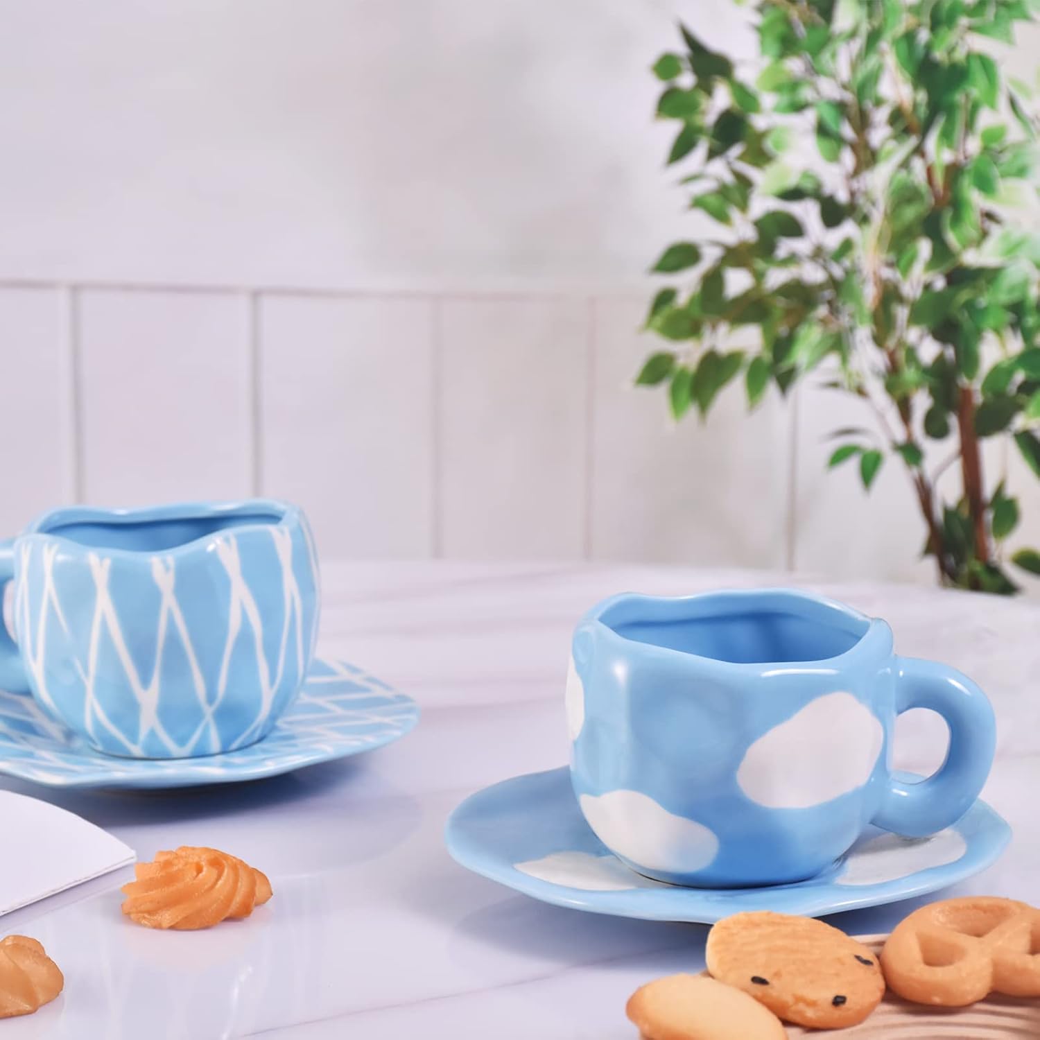 Koythin Ceramic Coffee Mug with Saucer Set, Cute Cloud Coffee Mug and Cup for Office and Home, Blue Sky and White Clouds Cups, 10 oz/300 ml for Latte Tea Milk - Image 8