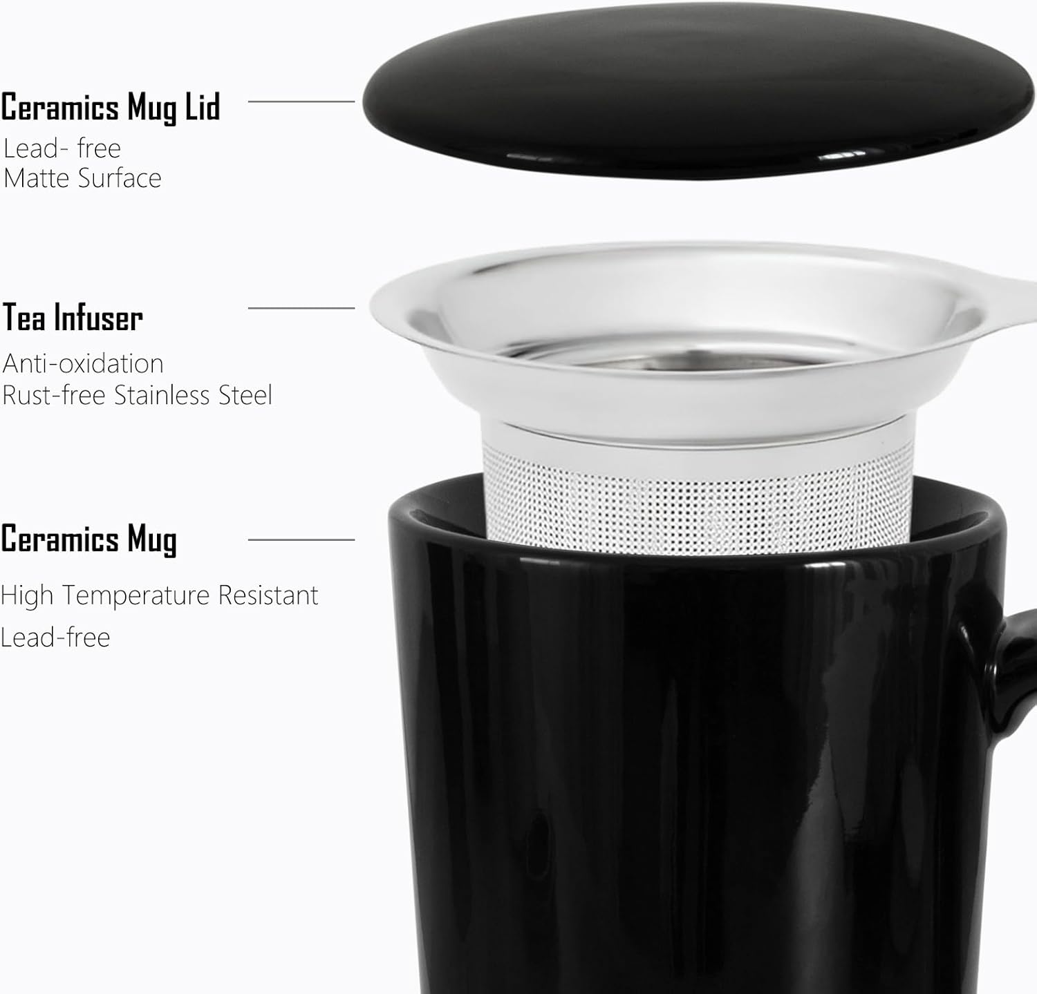 Tea Cup with Infuser and Lid, 20oz Mug with Handle for Steeping Loose Leaf Tea, Dishwasher and Microwave Safe, Ceramic Strainer Cup Gifts for tea Lovers, Black - Image 4