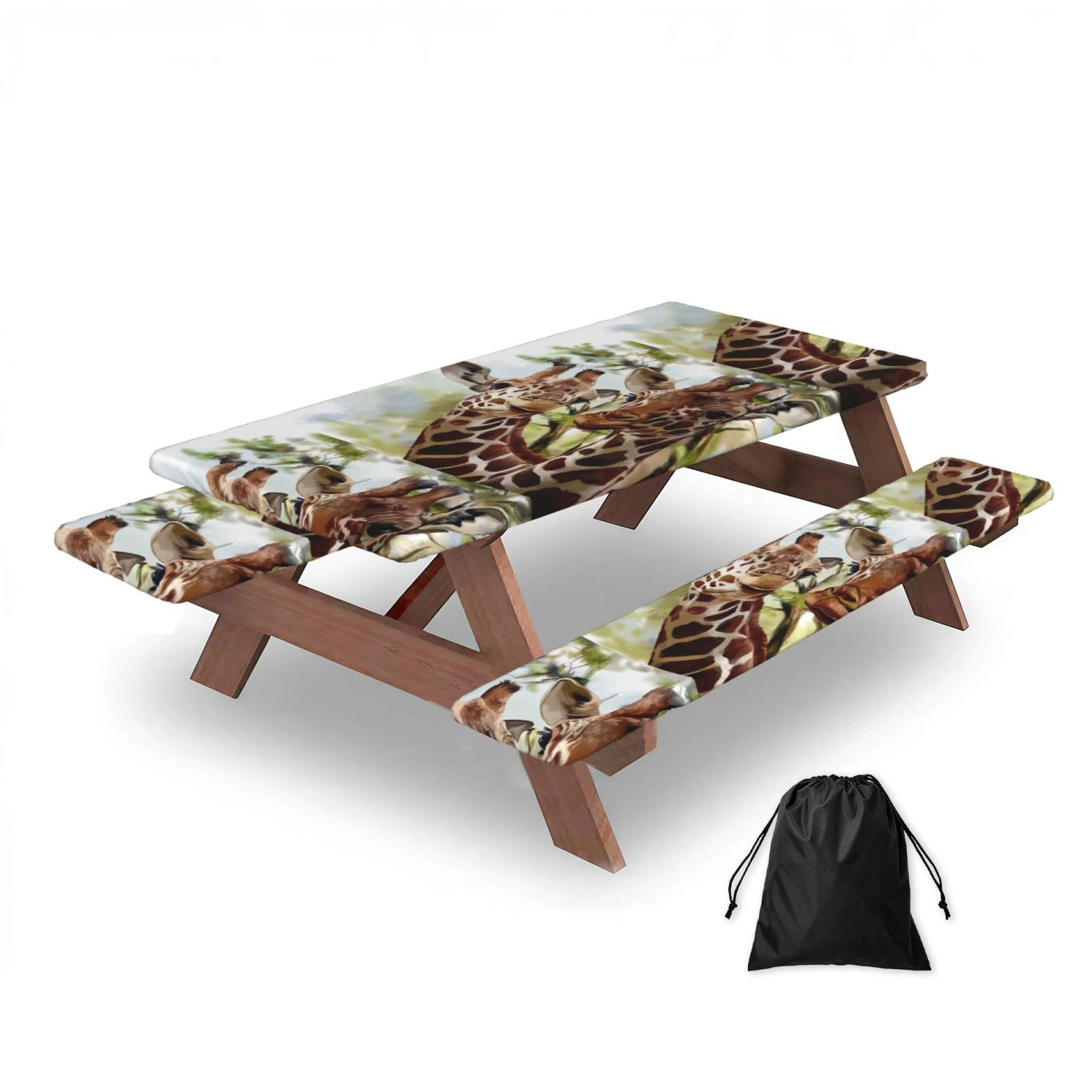 Dopklna As Picture Watercolor Deer Giraffe, Picnic Table Cover With Bench Covers -Waterproof Elastic Fitted Tablecloth For Garden Camping Patio 76X152cm