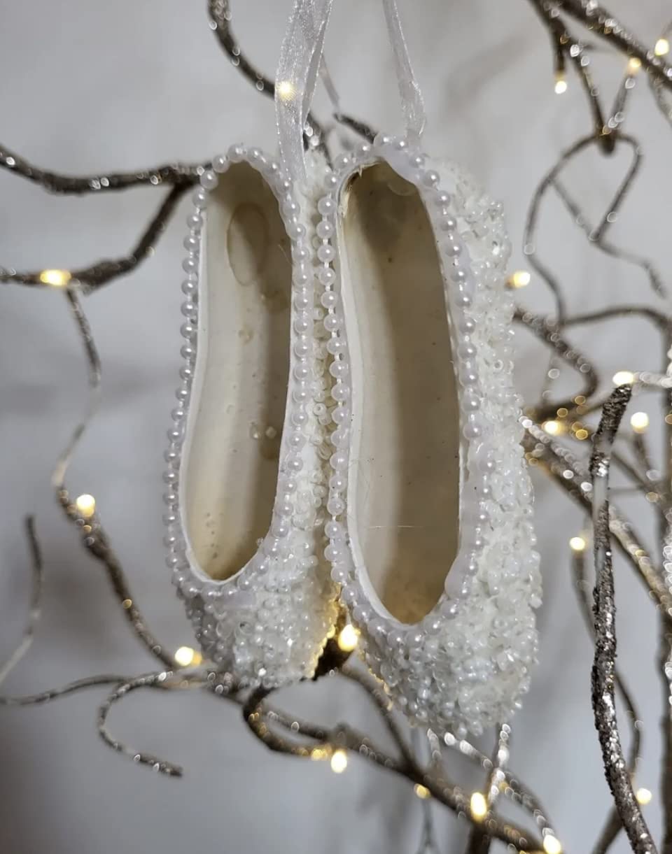 Gisela Graham Luxury White Beaded Ballet Shoes Hanging Christmas Tree Decoration
