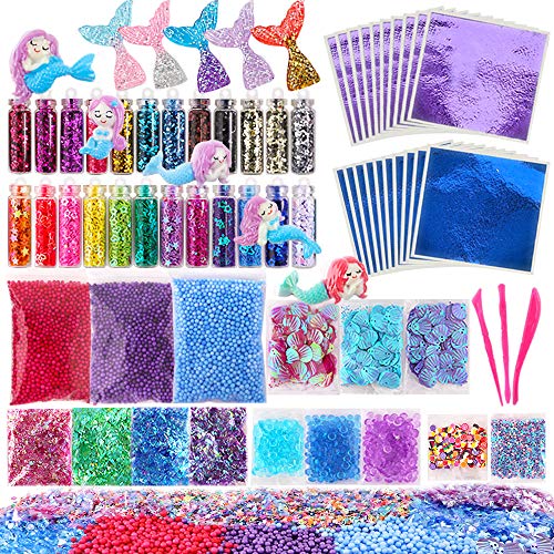 Holicolor Slime Making Kit Slime Supplies Slime Add Ins Slime Accessories Slime Ingredients with Mermaid Charms, Foam Balls, Fishbowl Beads, Glitter, Shells for Slime Party