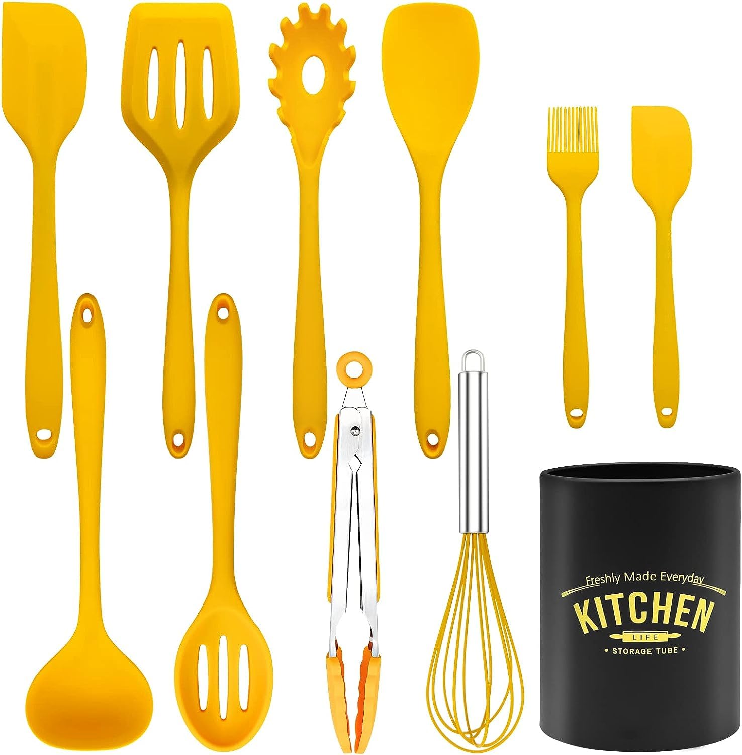 Juego de utensilios de cocina de 11 piezas, juego de utensilios de cocina amarillos, espátula de silicona antiadherente con soporte de hierro, utensilios de cocina de silicona (amarillo)