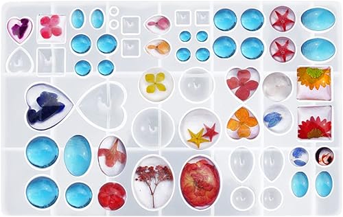 Molde de silicona súper brillante con 58 cavidades para gemas de varias formas: redondo, lágrima, cuadrado, ovalado, corazón, gema 3D, resina epoxi,