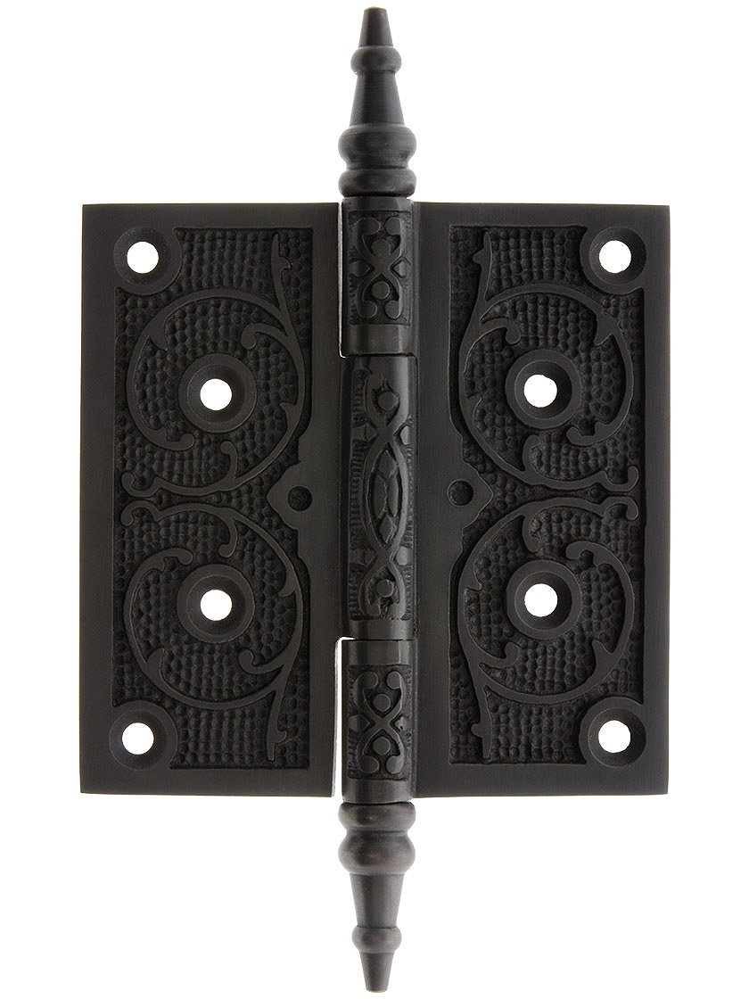 House of Antique Hardware R-04DE-PI4040-OB Cast Iron 4" Steeple Tip Hinge with Decorative Vine Patte