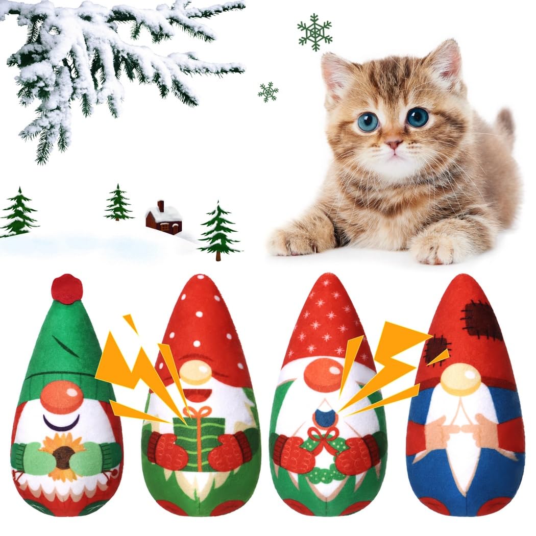 Lot de 4 Jouets pour Chat à l'herbe à Chat, Jouets à mâcher et de Dentition à Motif Père Noël avec Papier froissé, Cadeaux Moelleux et réconfortants pour Chats d'intérieur