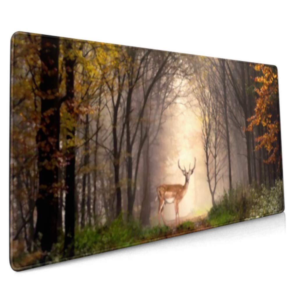 Long Mousepad (35.5x15.8in) Fallow Deer Standing Dreamy Misty Forest Desk Pad Keyboard Mat, Non-Slip Base, Water-Resistant, for Work & Gaming, Office