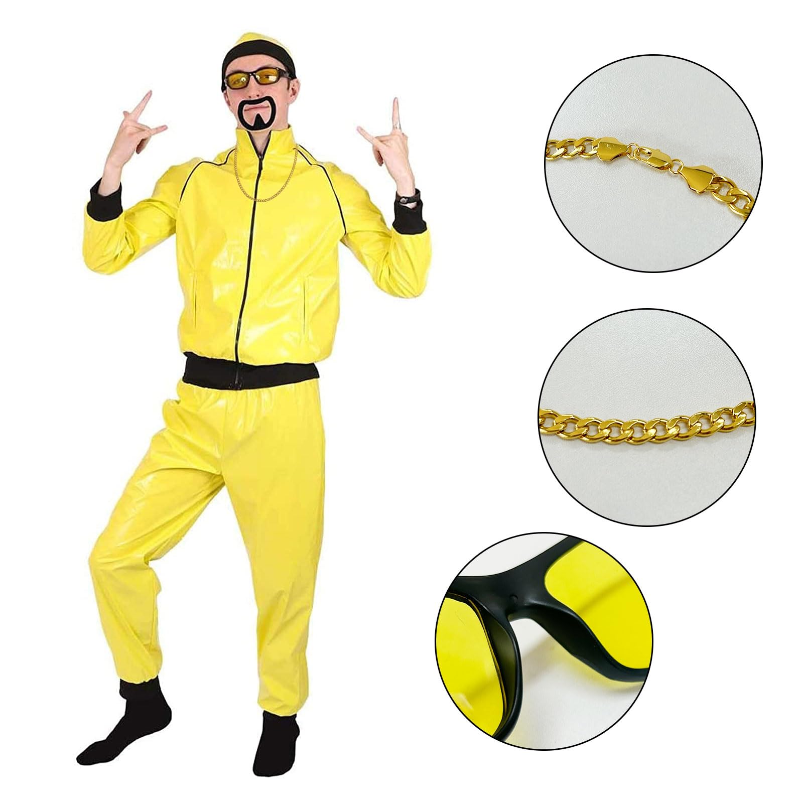 UILYNIU 4 Pieces 90s Celebrity Costume Yellow Shell Suit with Hat Sunglasses Gold Chain and Black Goatee Mens Fancy Dress Costume Men for Funny Rapper Halloween Party Carnival (4 pcs) - Image 3