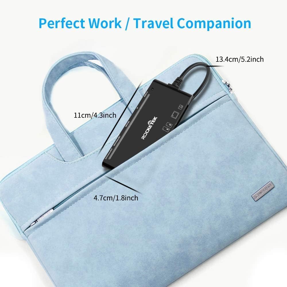 Rocketek card reader next to a smartphone, showing its compact dimensions.