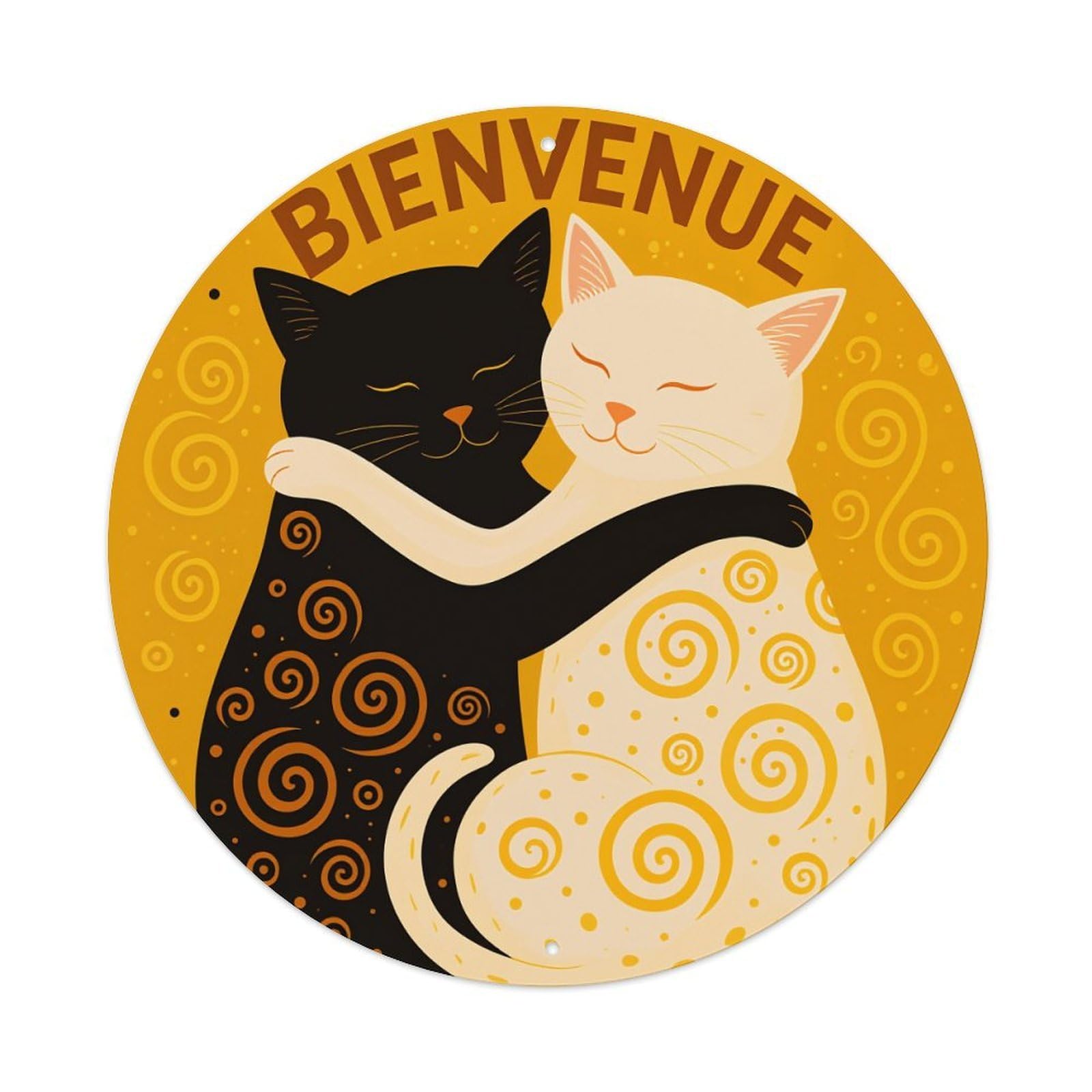 Swirl Pattern Cats Hugging Welcome Vintage Metal Tin Sign Retro Wall Decor for Home Bar Garage Cafe, Indoor & Outdoor Decorative，circle Metal Poster, 8x8 Inch