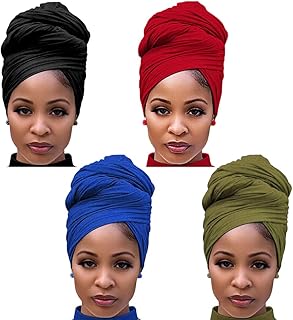 4PACKS Hair Scarf for Black Women Turban Head Wraps For Women Stretchy Head Scarf African Head Wraps Long Stretch Jersey Head Scarf Urban Hair Scarf Bohemian Soft Breathable Turbans Tie(Black+Red+Army Green+Royal Blue)