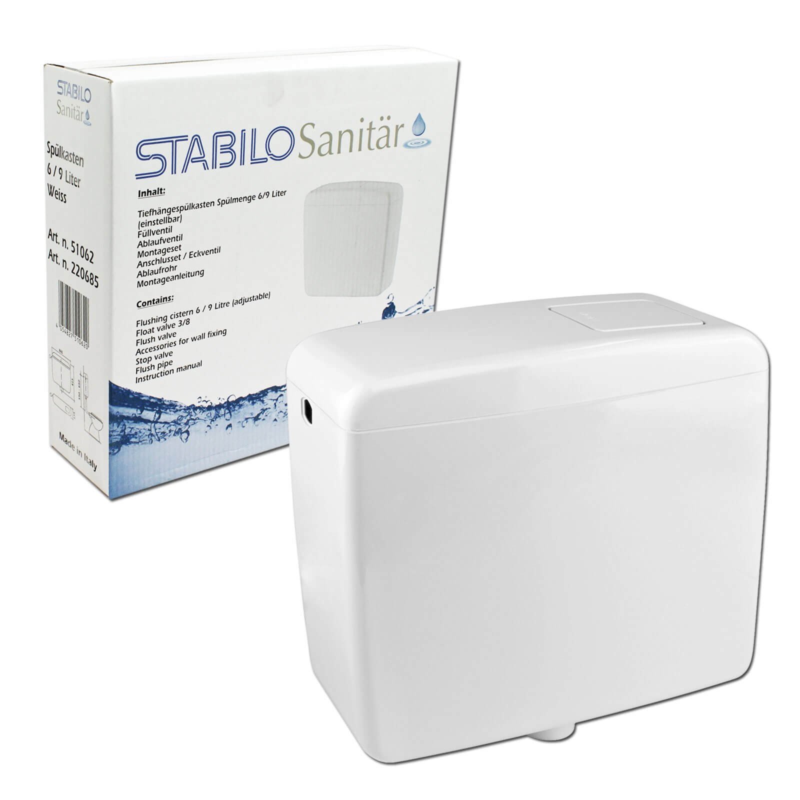 Stabilo-Sanitaer WC Aufputz-Spülkasten Toilette Tiefhängespülkasten Spülung 6-9 Liter einstellbar weiss mit Zubehör Kunststoff Start-Stop-Taste Wassersparfunktion