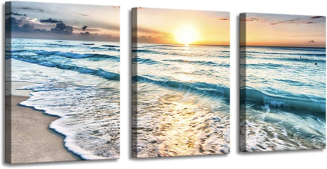 Canvas Wall Art for Home Decor Blue Sea Sunset White Beach Painting for Living Room Home Office Decorations - Blue Beach Sunrise White Wave Modern Gallery Wrapped Seascape Seaview Pictures Artwork Rea
