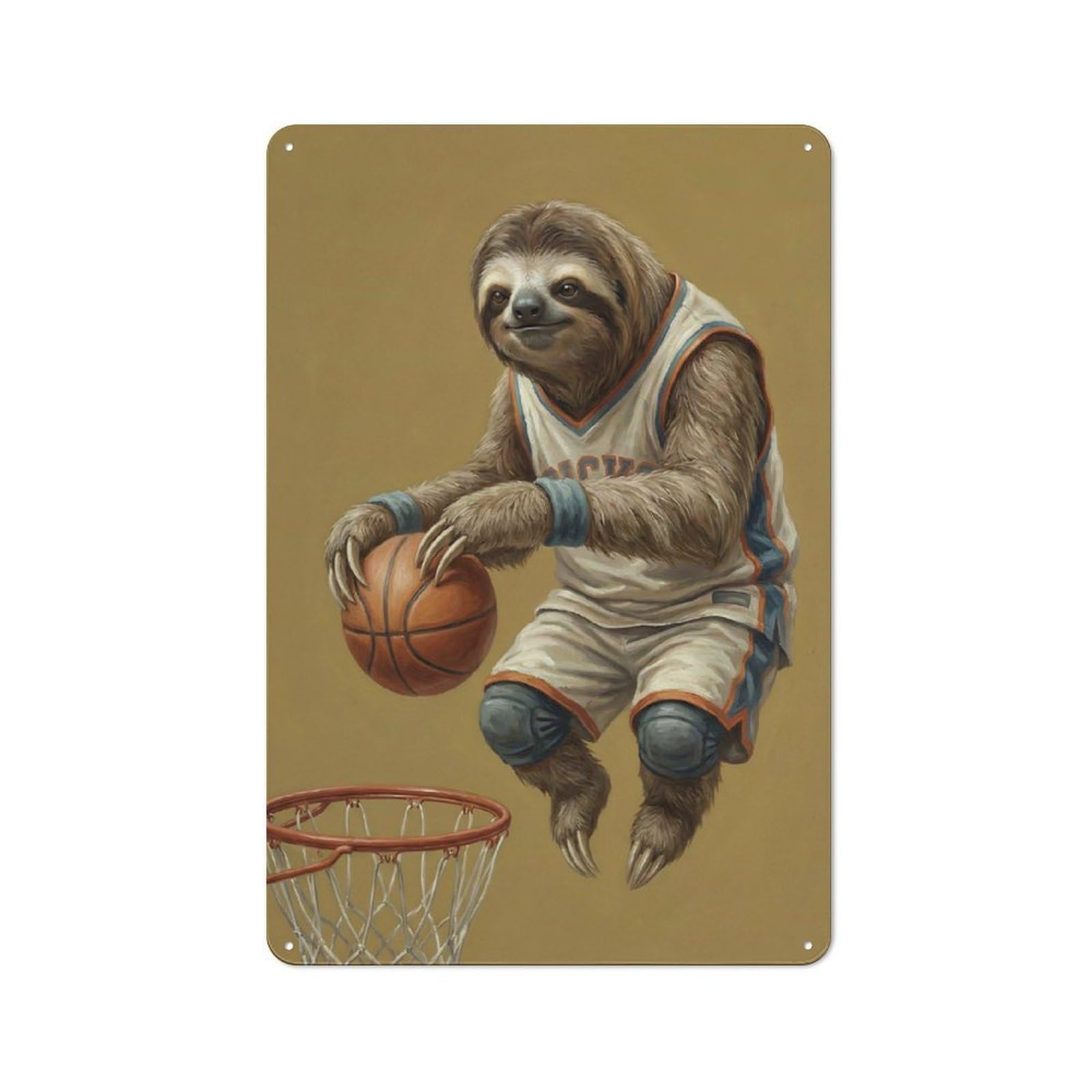 Sloth Playing Basketball Workshop Style Metal Wall Decor 30x20cm, Decorative Metal Plaque for Garage, Workshop, Shed Or Utility Room