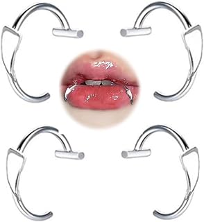 QWALIT Fake Lip Ring Cuffs Fake Nose Face Dermal Piercing Silver Clip on Vampire Teeth Fangs Faux Snake Bites Clip Nose Ring Hoops non Piercing Stick on Stud Jewelry for Halloween Jewelry Women Men