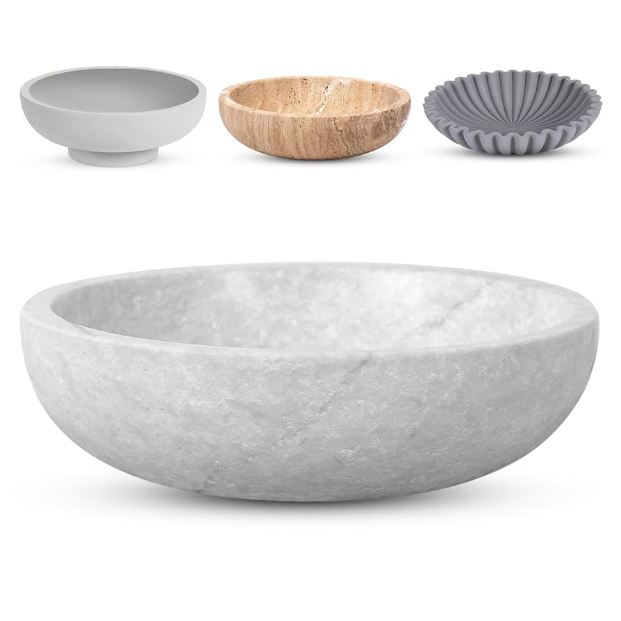 Travertine Decorative Bowl - 7.8” Diameter & 2” Height - Key Bowl for Entryway Table - Organic Modern Centerpiece - White/Gray