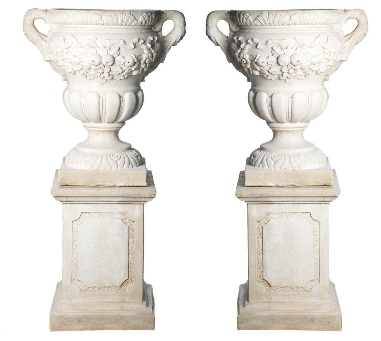 Discount Garden Statues Off White Dgs Statues – Stone Cast, Fruit Complication Design Garden Vases With Victorian Square Plinths, Hand Finished, Giant, Statue, Sculpture,