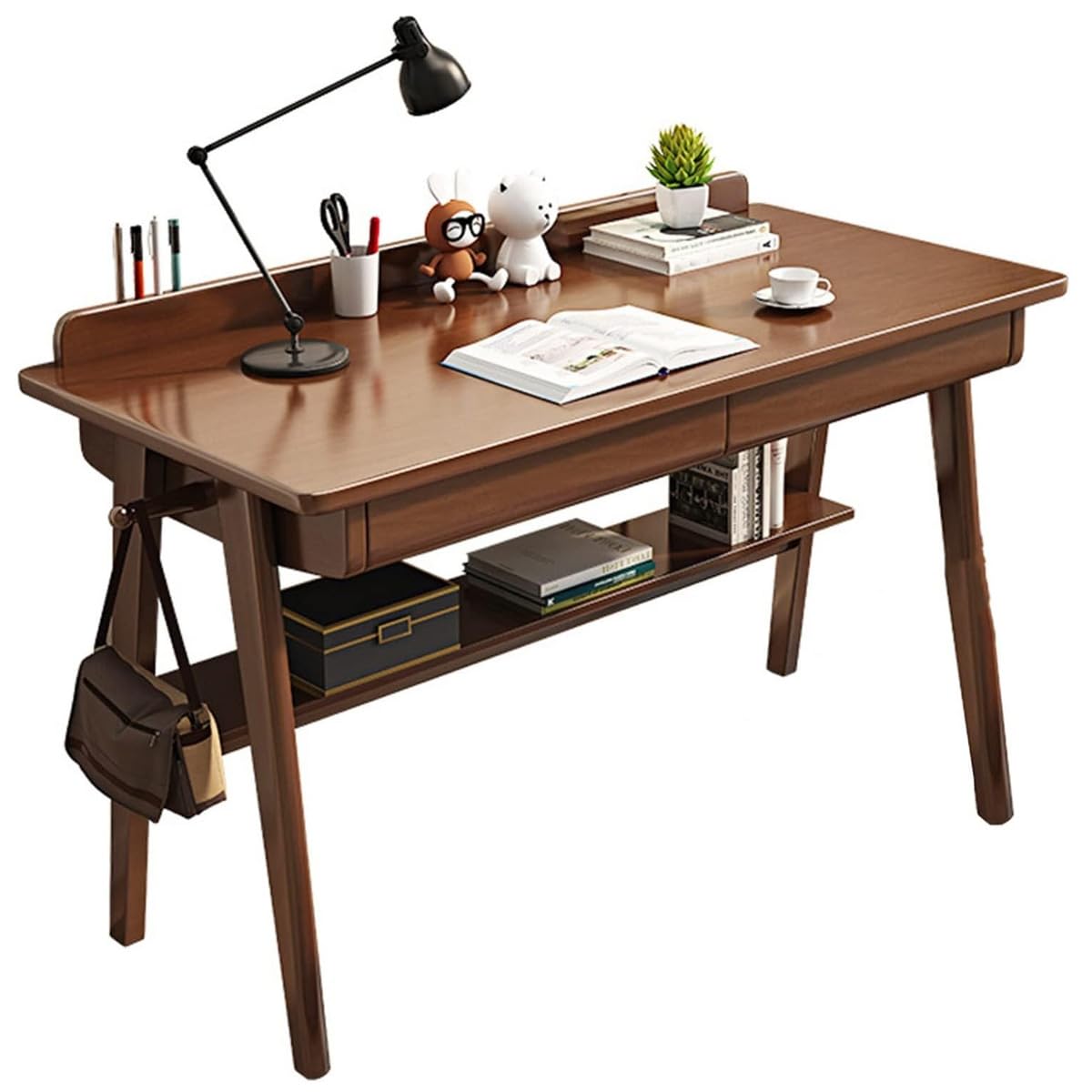 Massivholz Schreibtisch mit 2 Schubladen – Mid-Century Computertisch für Homeoffice, 80/100120 cm Arbeitstisch mit Ablage und Haken, stabiler PC-Tisch für Studenten (Nussbaum, 80cm)