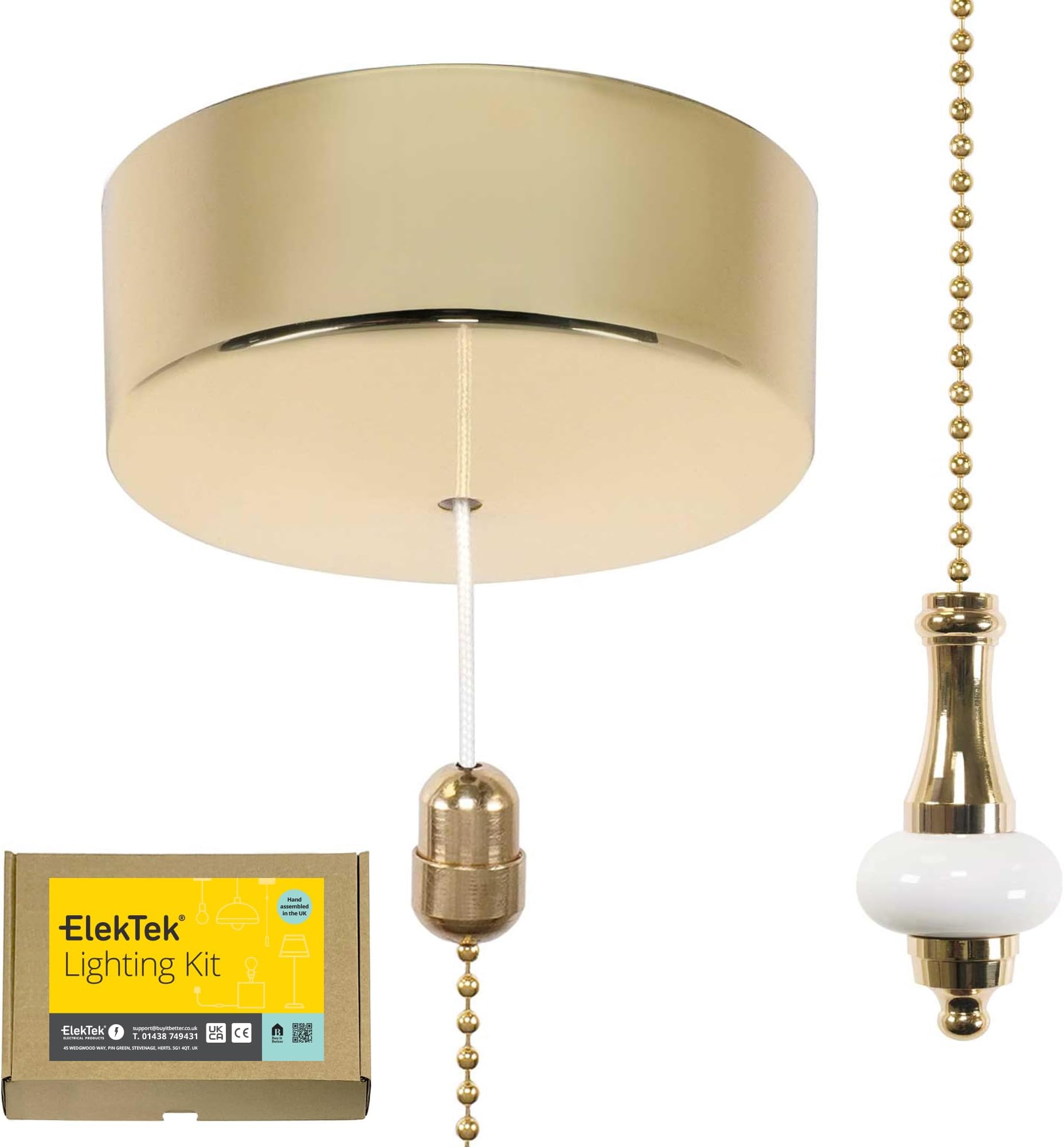 ElekTek UK Safety Approved Polished Brass Bathroom Light Pull Switch Kit, Metal & Ceramic White Disc Fob + Brass Chain, EN 60669-1 & CE Mark, Earth Terminal, 6A 250V, 1 or 2 Way, Wiring Instructions