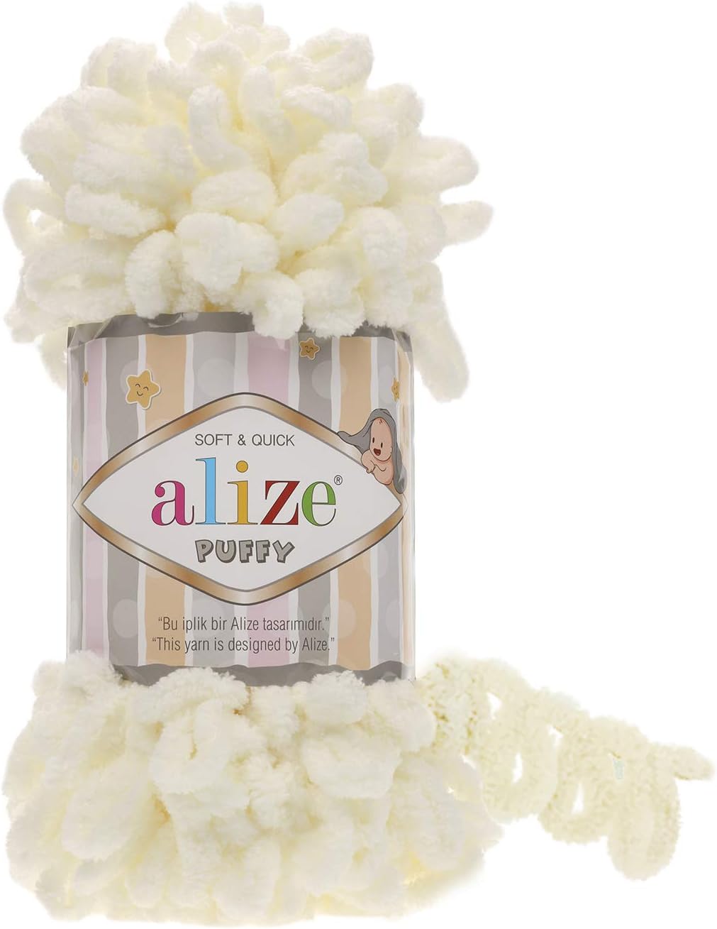 Alize Puffy Knitting Yarn 100 g, Patented Innovation, Loop Knitting without Needles, Colour: 62 Light Cream