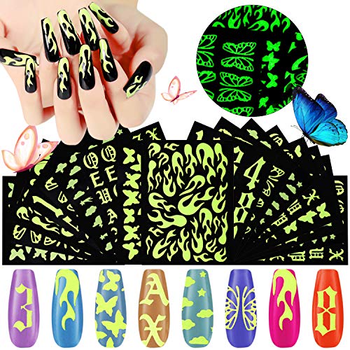 Kalolary 18PCS Luminous Butterfly Nail Stickers, Self-Adhesive Fluorescence Flame Butterfly Cloud Rainbow Number Letter Nail Stickers Decals Glow in The Dark for Halloween Nail Art DIY Decoration