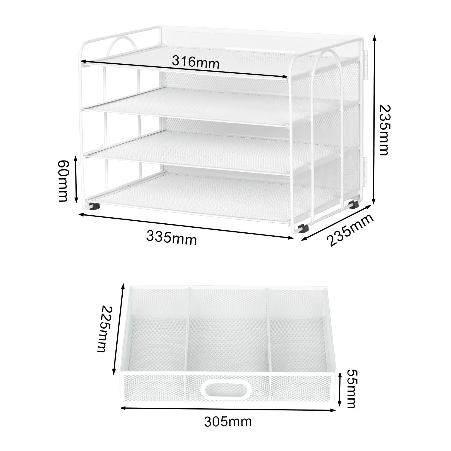 EasyPAG 4 Niveles Metal Malla A4 Bandeja Oficina Organizador Documentos Almacenamiento Papeles Soporte Archivador Clasificador Escritorio Estante Carta con Cajón,Blanco