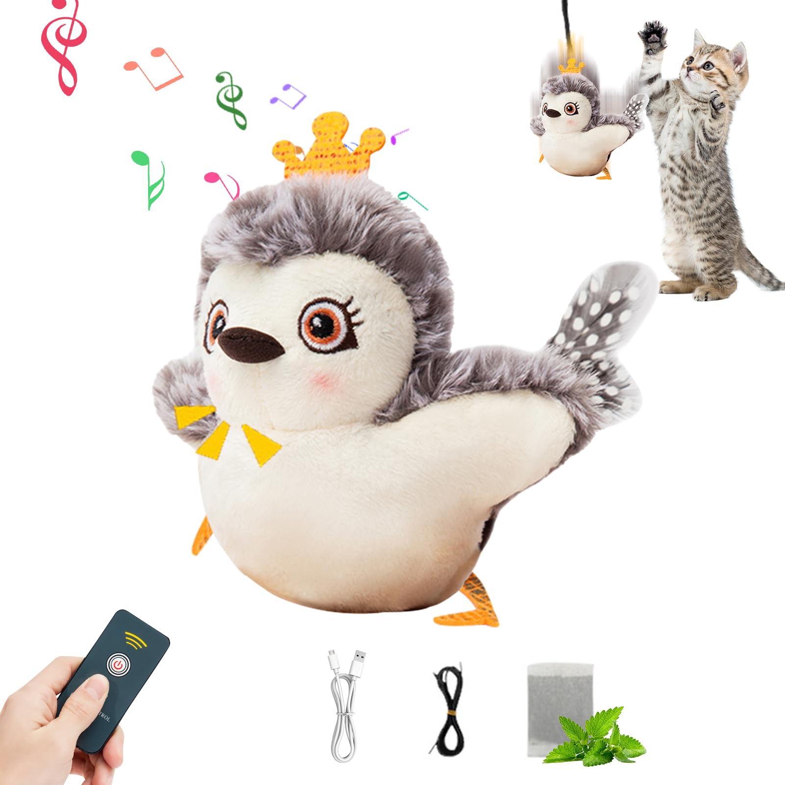 Shunfaji Interactive Cat Toy, Plush Cat Bird Toy, Real Beating and Twittering Like a Bird, Rechargeable, with Catnip (Owl A) โ image 1