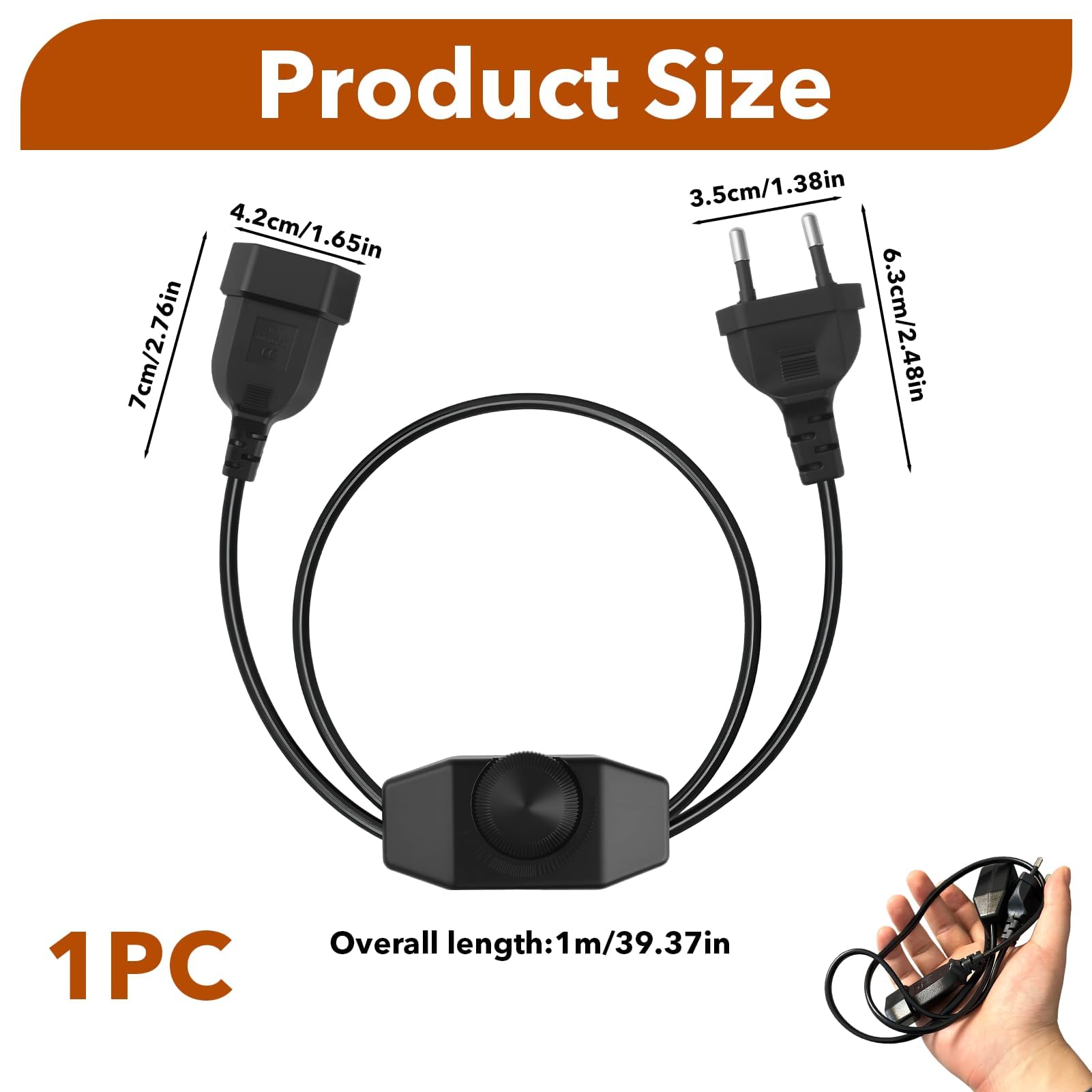Regulador LED con Interruptor Rotativo, Cable 1M Negro 220-250V 100W Máx, Dimmer Silencioso con Enchufe Europeo para Lámparas y Bombillas LED Regulables, Extensión de Cable Ajustable