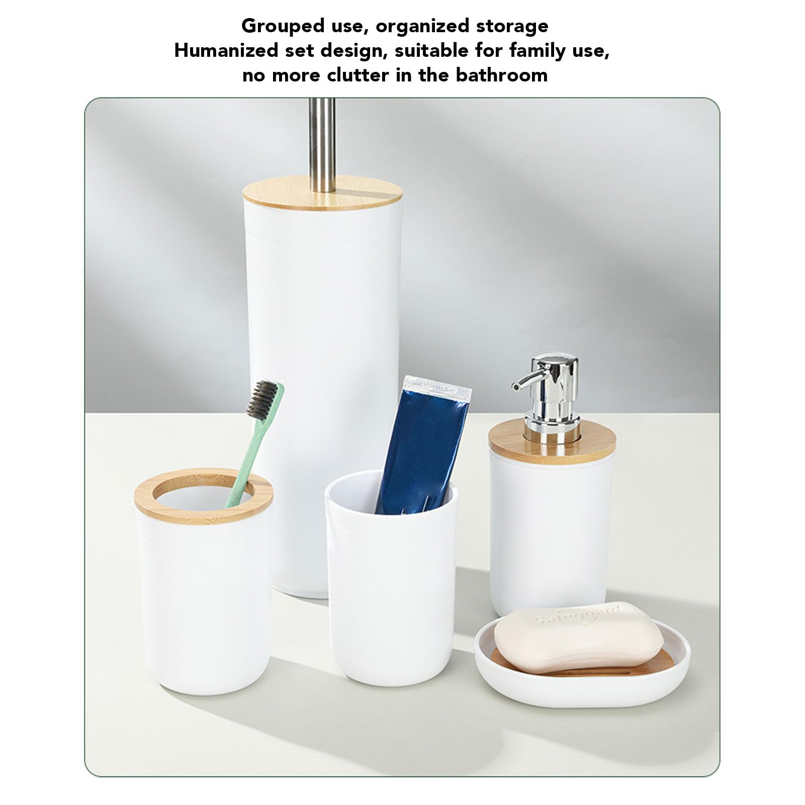 6pcs Accesorios de baño, PP Basura Puede jabón dispensador de jabón Plato de Cepillo de Dientes Tope brochador para el Cepillo para el Inodoro para el hogar inauguramiento