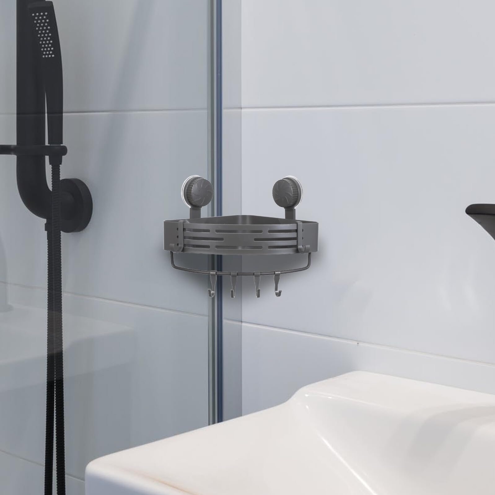 Mensola Angolare Triangolare da Bagno Ventosa 2 Pezzi Abs | Montaggio a Parete senza Fori, Ganci Inclusi, Grande Capacità per Cosmetici e Rasoi, Uso in Cucina e Armadio