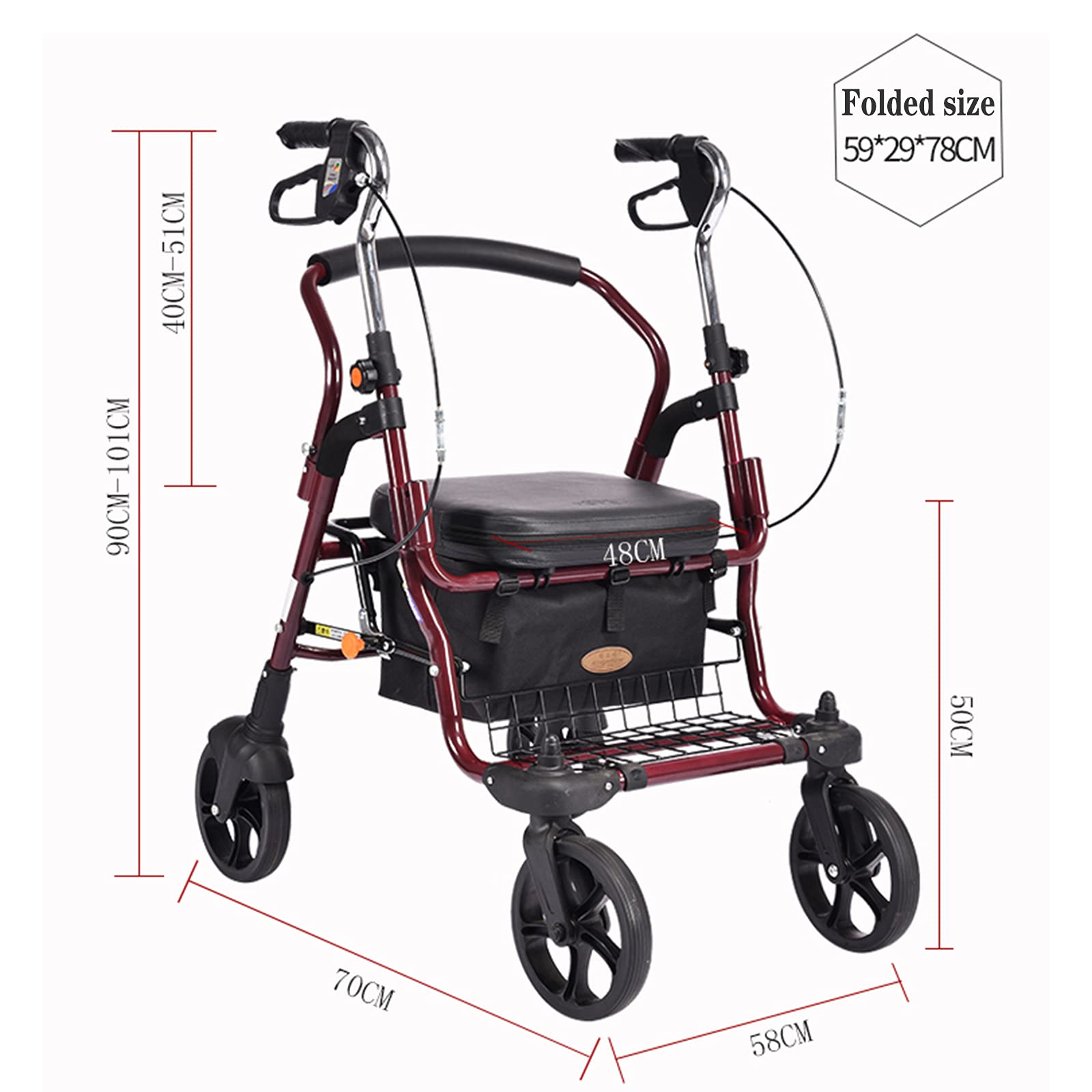 Andadores Rollator Plegables, Andador portátil plegable de aluminio con asiento y cesta de compra de 4 ruedas for personas mayores, capacidad de 100 kg