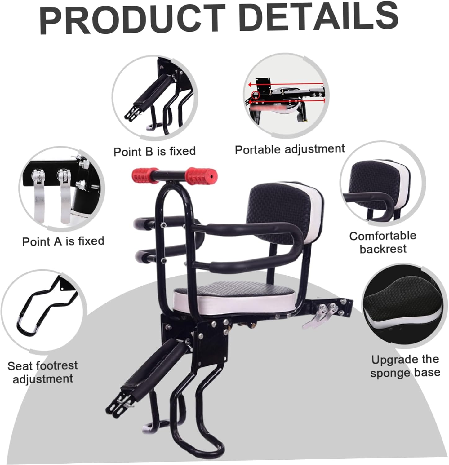 Bike Seat for Kids Front Mounted Toddler Bike Seat Easy to Install with Back Rest, Foot Pedal, Quick Realease Attachment for
