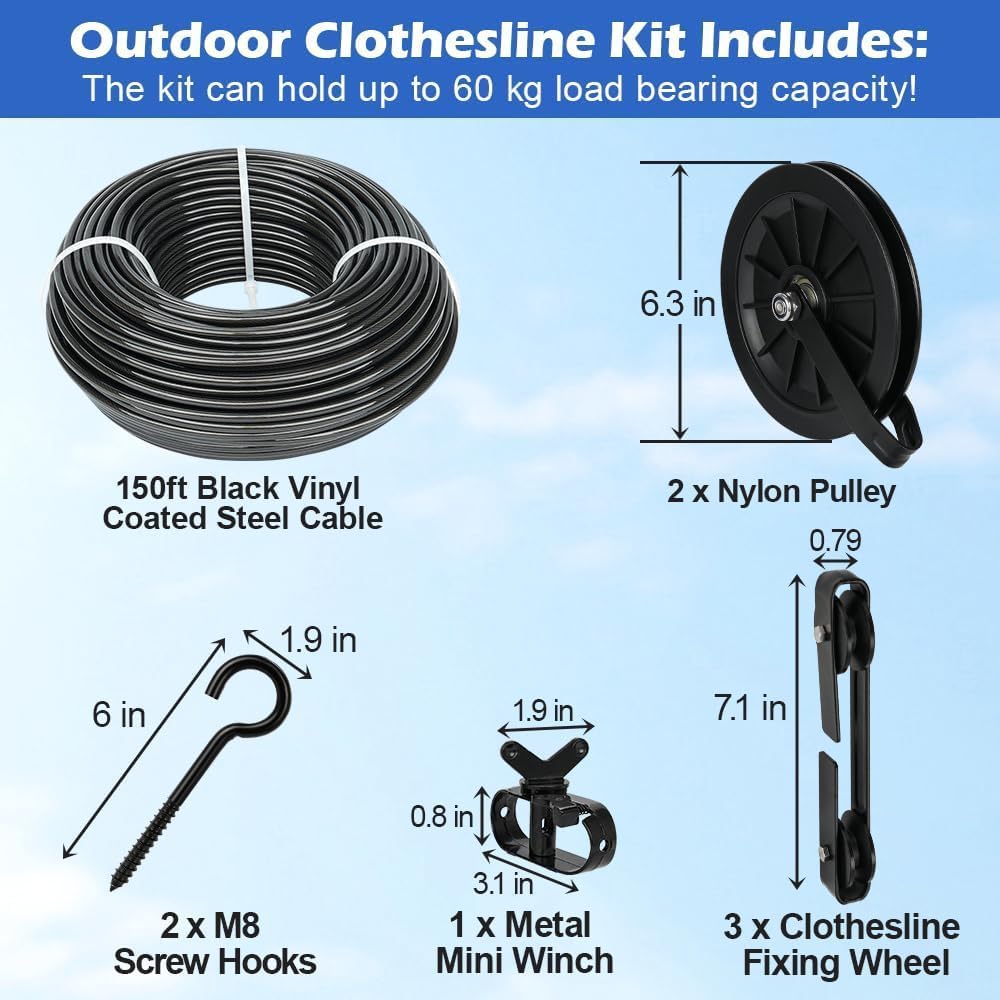 Outdoor Clothesline Kit, 150ft Black PVC Coated Galvanized Clothes Line Pulley Kit with 6.3" Clothesline Pulley, M8 Metal Hooks, 3Pcs Separator, Outdoor Clothes Line Heavy Duty