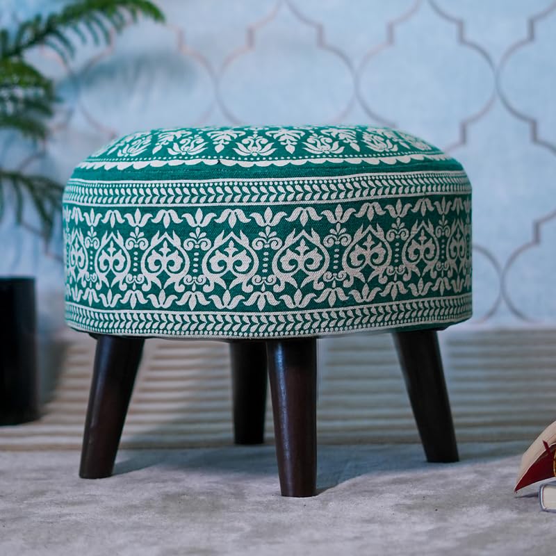 Image of Stool Ottoman Pouffes for Living Room, Kitchen, Home, Office Furniture with Soft Cotton Cushion Mudda Footrest Stool for Chair Sofa Bed Dressing Decor, Mandala Green (14 Inch Pack of 1)